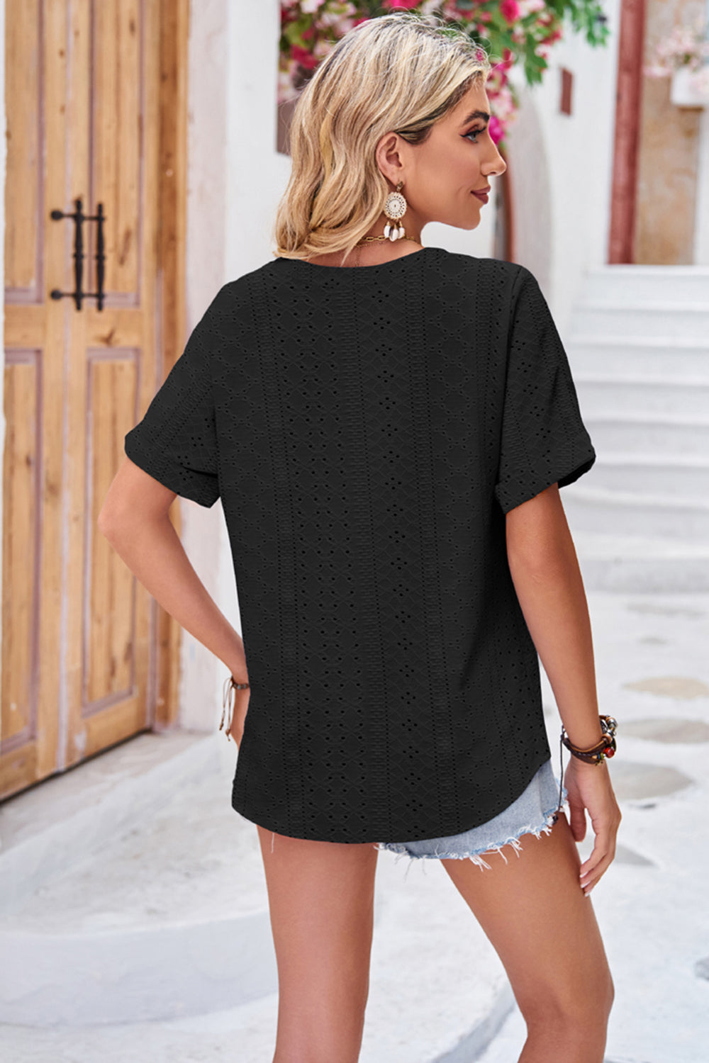Buttoned Notched Neck Eyelet Top (9)