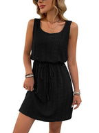 Eyelet Drawstring Round Neck Sleeveless Dress (8)
