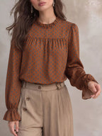 Geometric Print Mock Neck Puff Sleeves Blouse (2)
