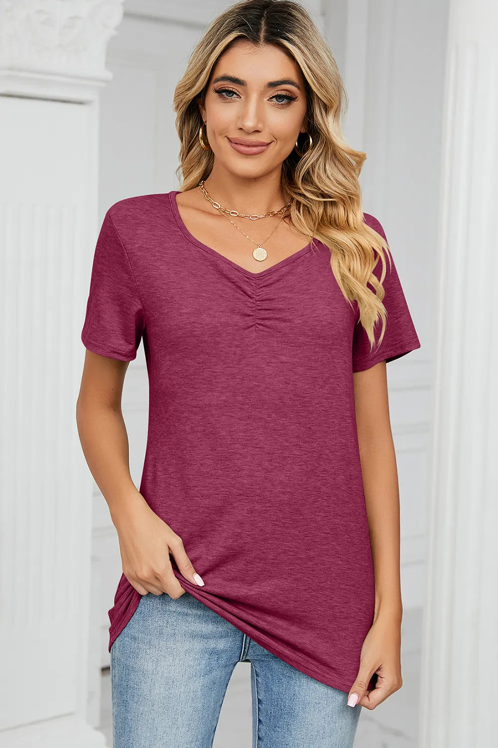 Ruched Heathered Short Sleeve T-shirt (11)