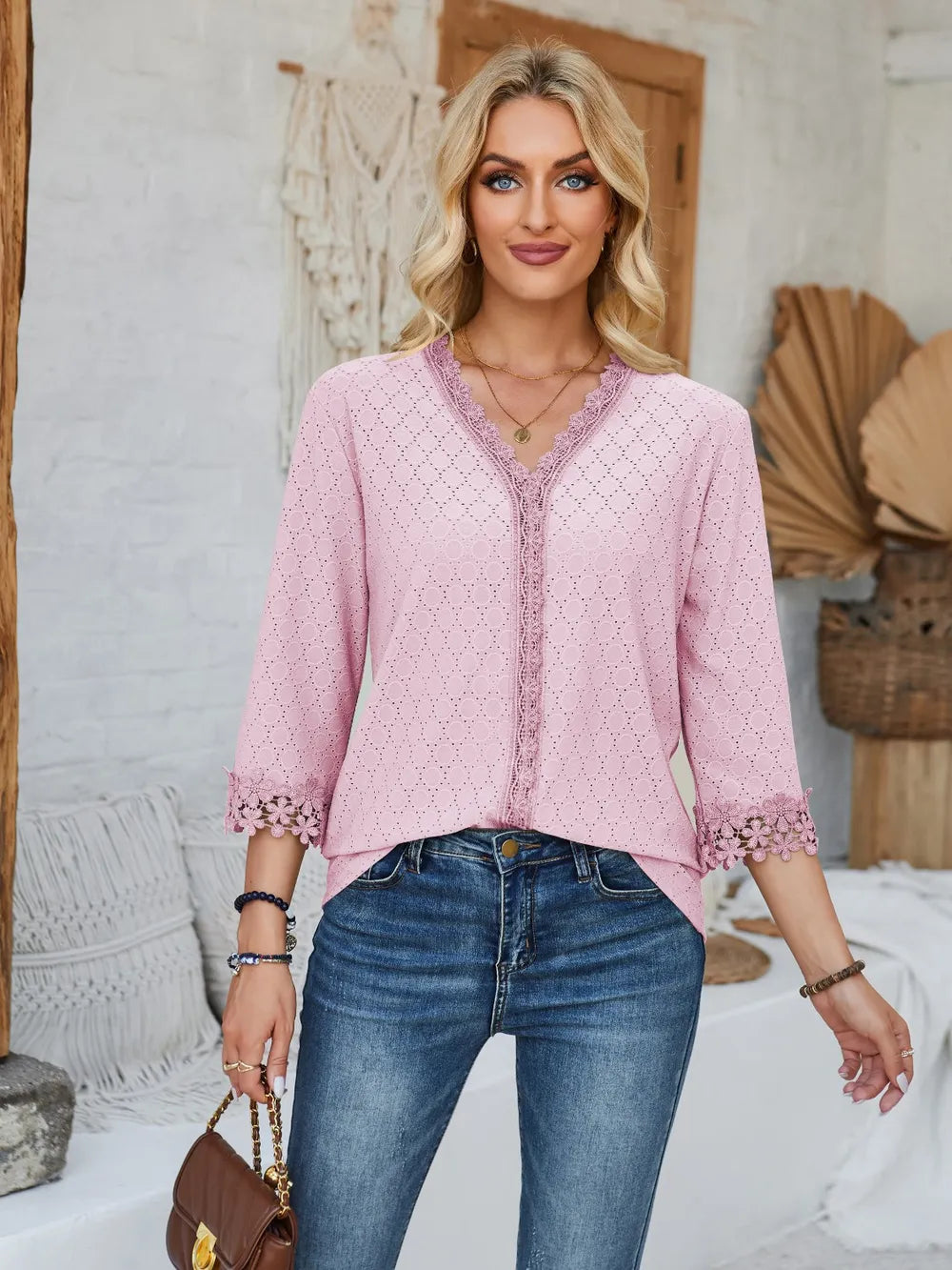 Lace Detail V-neck Three-quarter Sleeve Blouse (15)