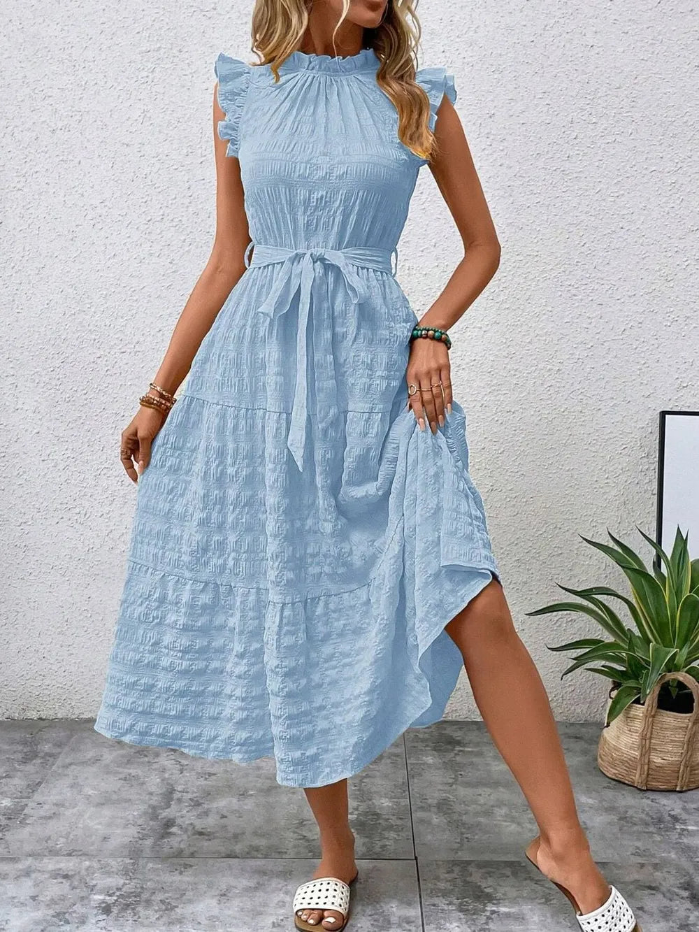 Tied Ruffled Cap Sleeve Midi Dress (5)