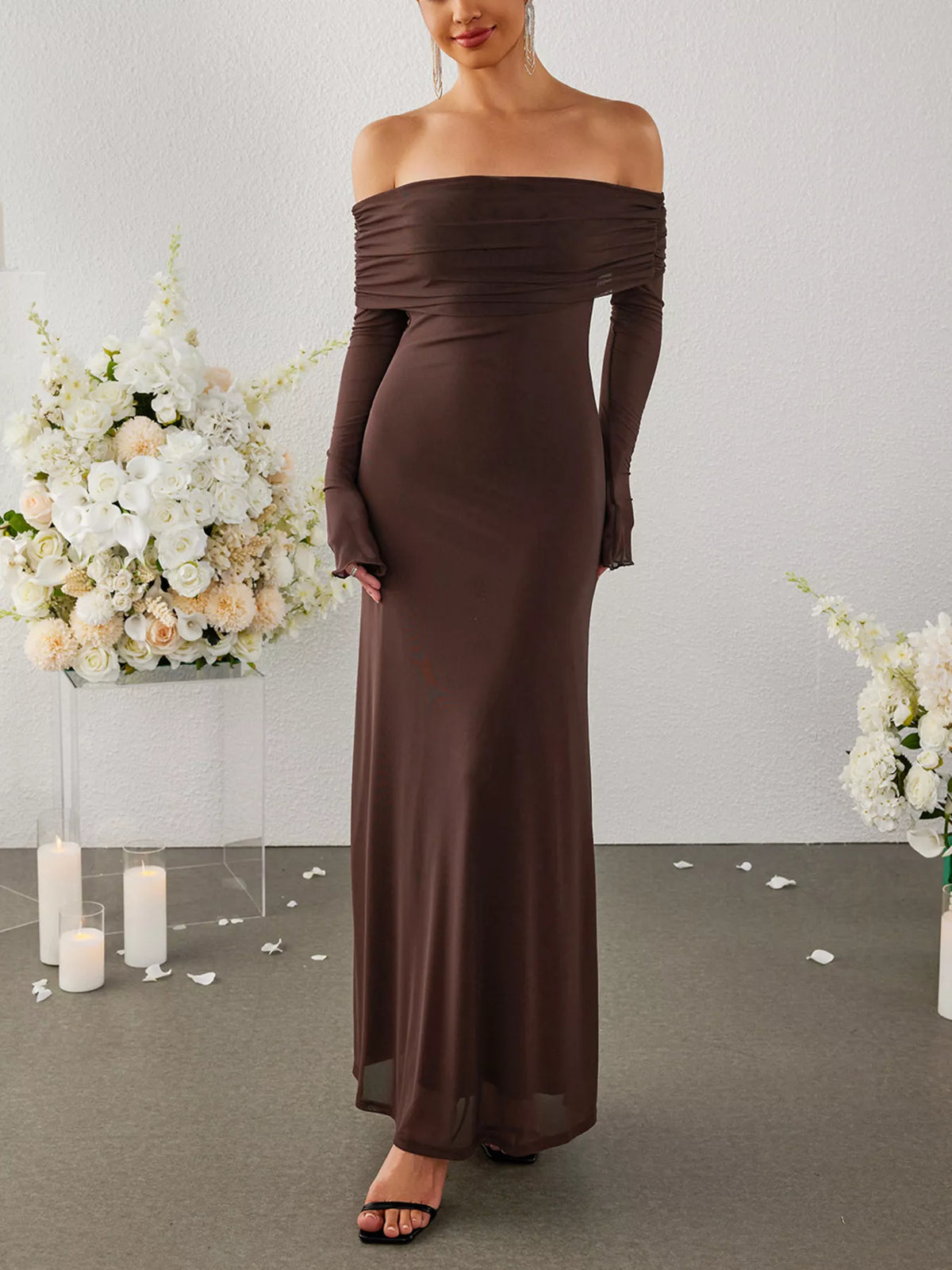 Off-shoulder Ruched Long Sleeve Maxi Dress (21)