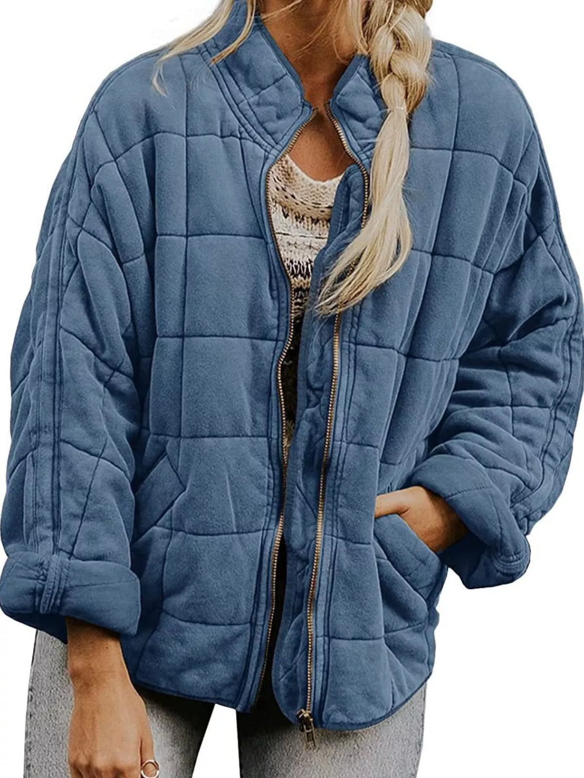 Full Size Zip Up Quilted Bomber Jacket Plus (4)