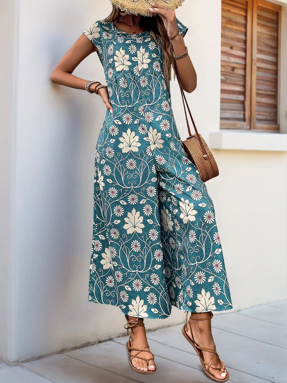 Printed Round Neck Cap Sleeve Wide Leg Jumpsuit (4)