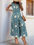 Printed Round Neck Cap Sleeve Wide Leg Jumpsuit (4)