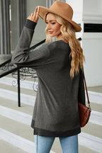Slit V-neck Long Sleeve T-shirt (24)
