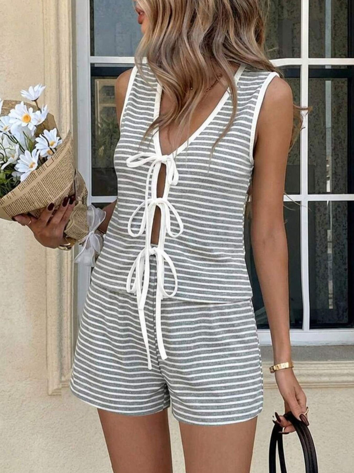 Striped Knit Tie-front Sleeveless Top Shorts Set (7)