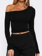 One Shoulder Long Sleeve Crop T-shirt (5)