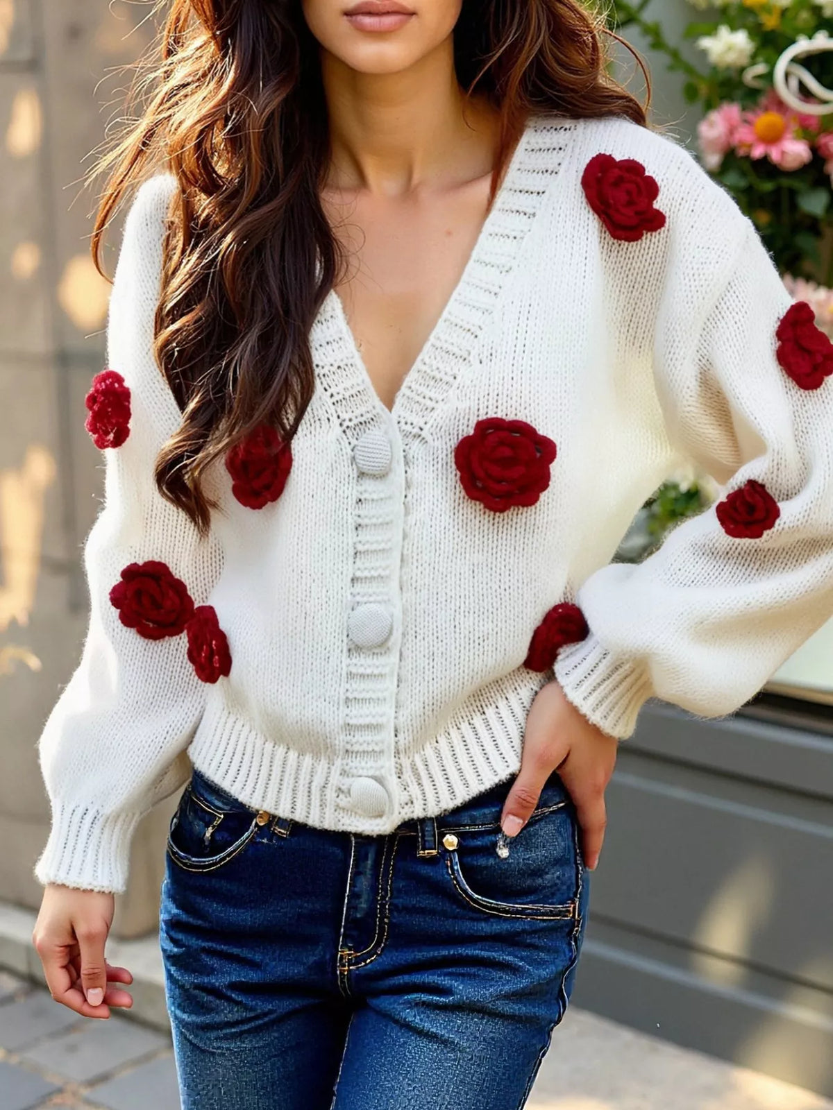 Rose Embellished V-neck Cardigan (7)