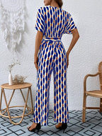 Printed Surplice Tie Waist Short Sleeve Jumpsuit (14)