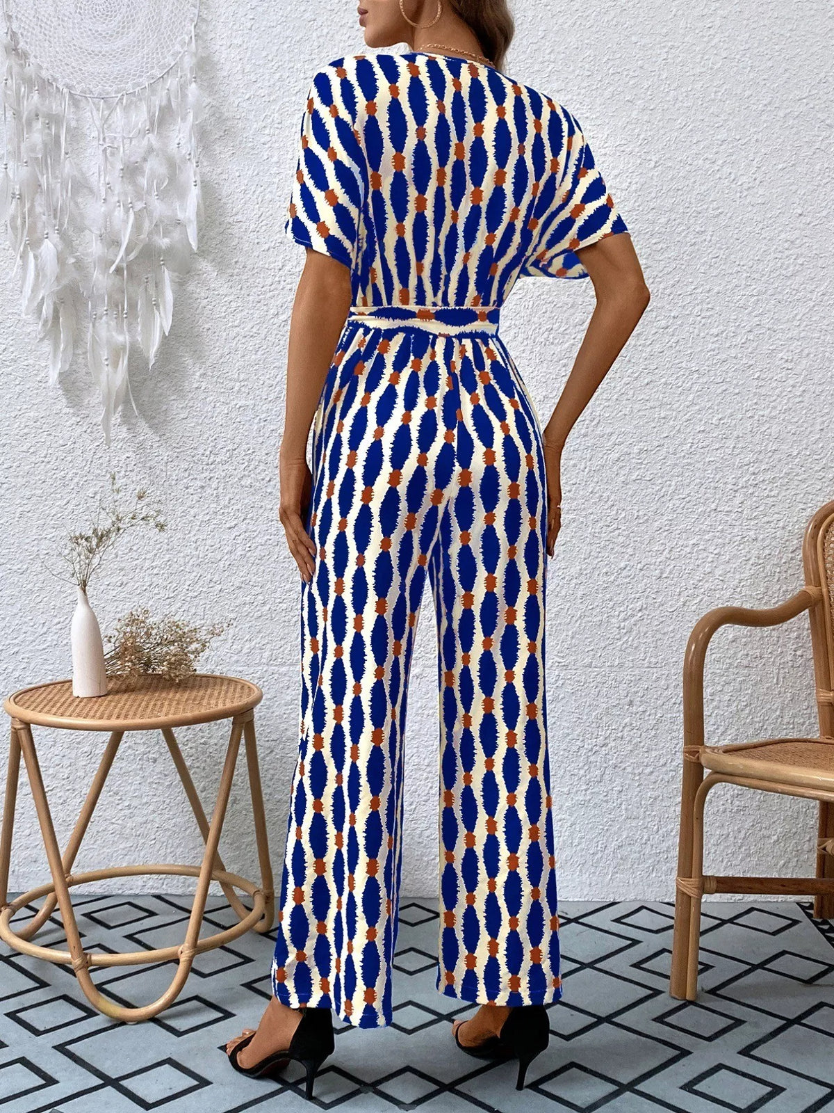 Printed Surplice Tie Waist Short Sleeve Jumpsuit (14)