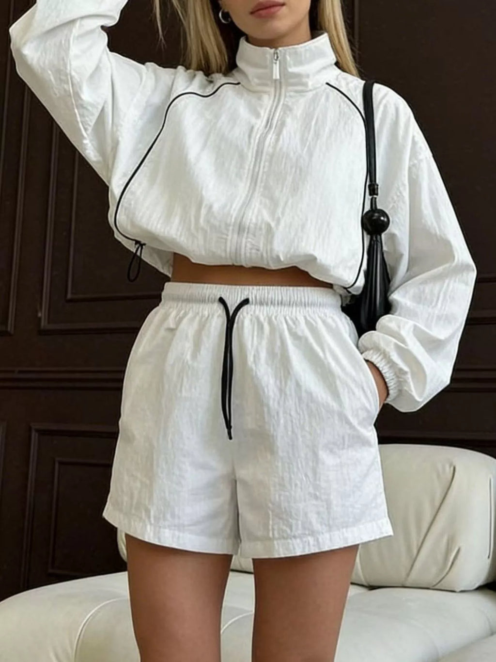Zip Up Long Sleeve Outerwear Shorts Set (3)
