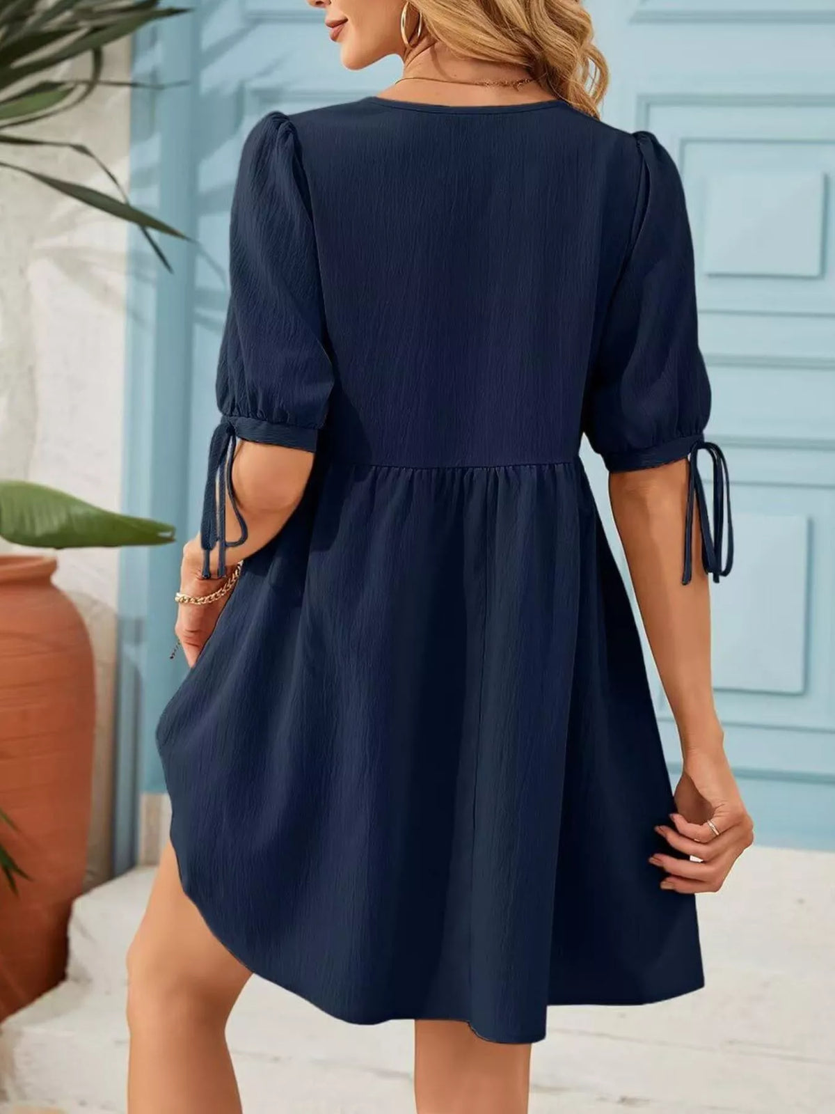 Tie-neck Puff Sleeve A-line Mini Dress (18)