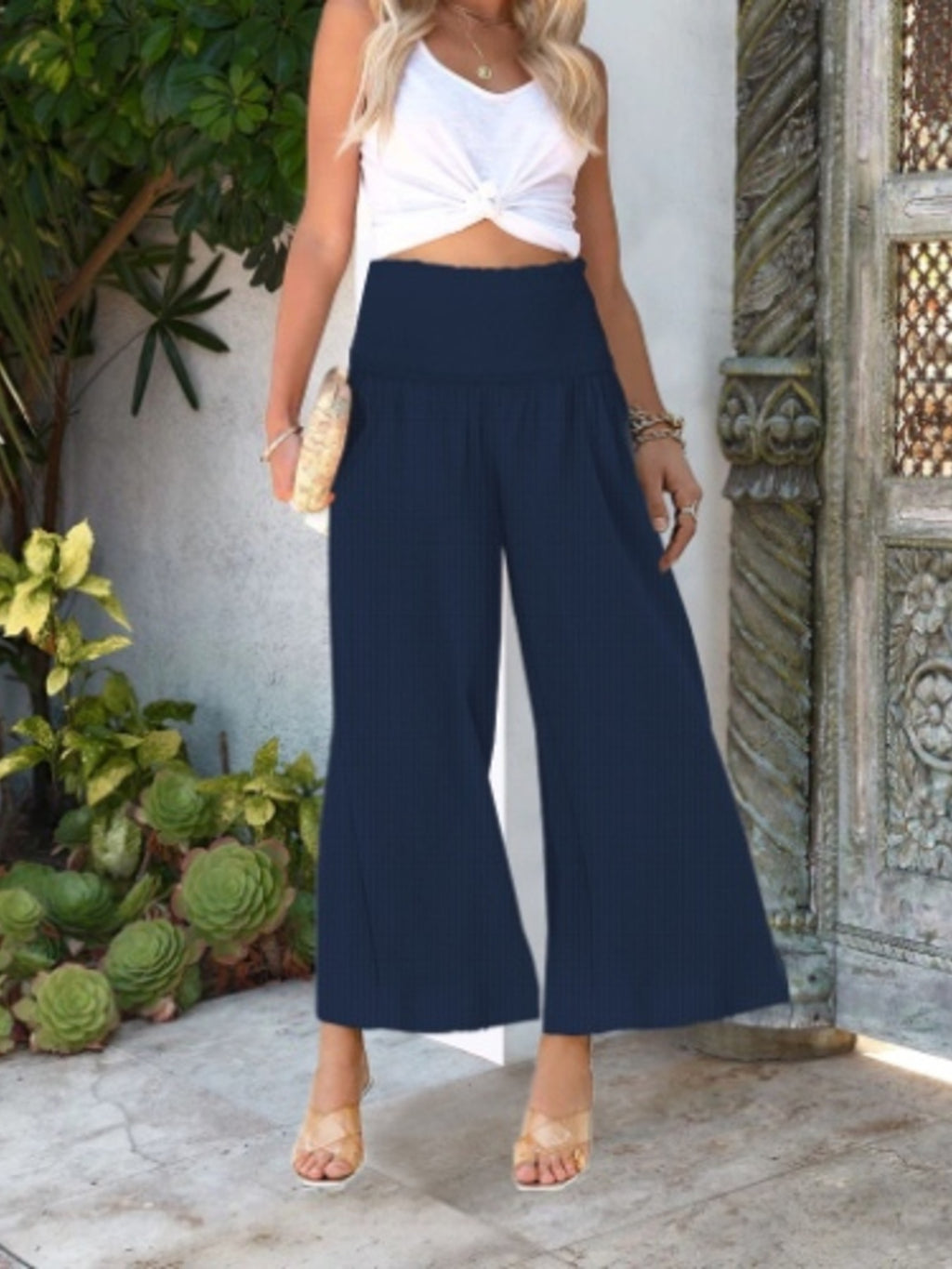 Wide-leg Smocked Waist Pants (21)