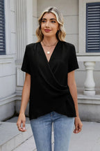 Solid Color Surplice Short Sleeve Blouse (7)