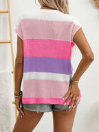 Striped Notched Short Sleeve Sweater (15)
