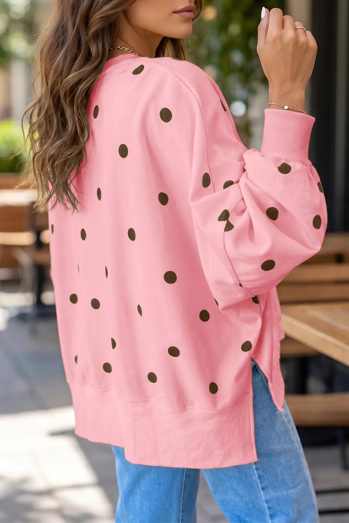 Side Slit Polka Dot Oversized Sweatshirt (8)