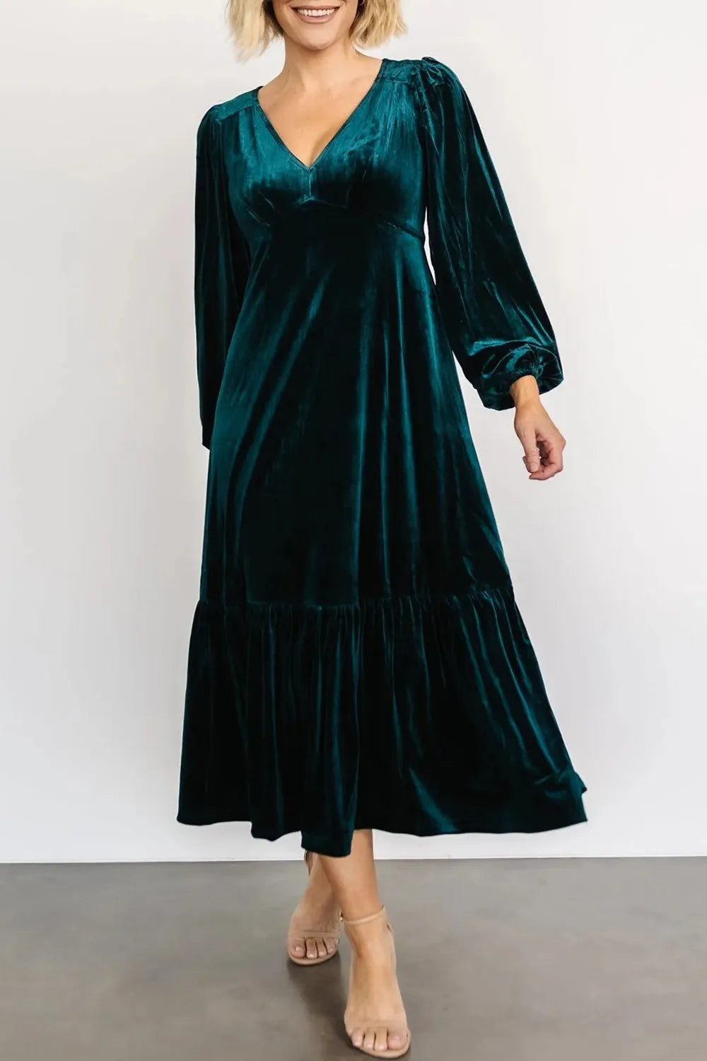 V-neck Long Sleeve Midi Velvet Dress (11)