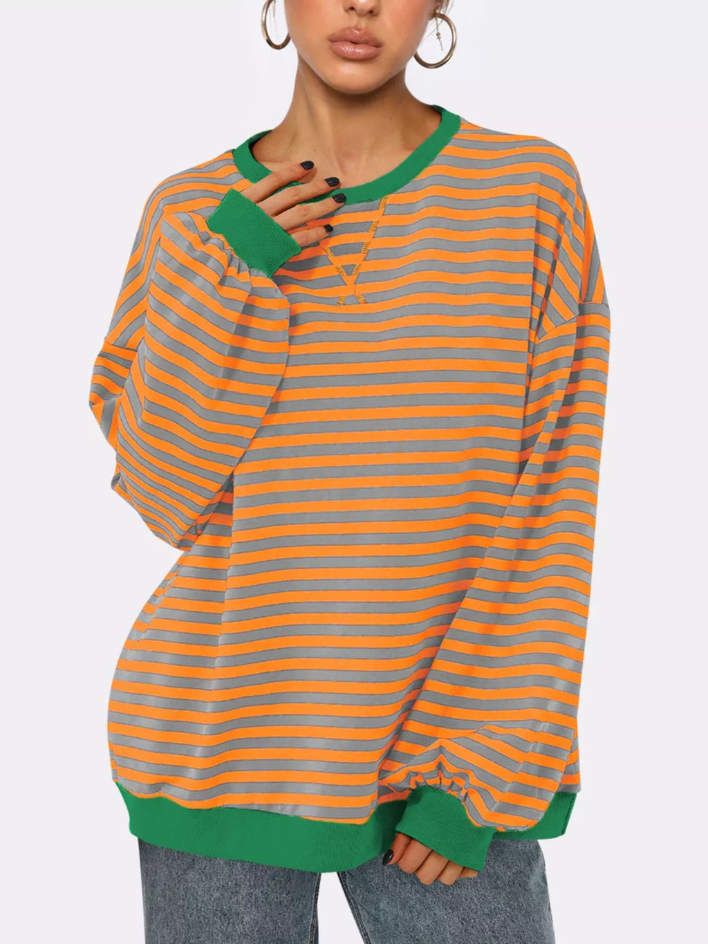 Striped Round Neck Long Sleeve Sweatshirt (7)