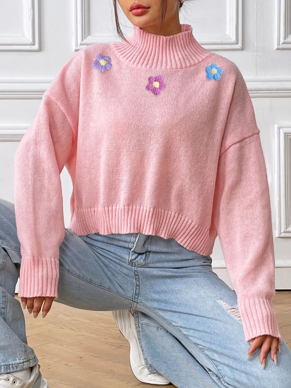 Flower Turtleneck Long Sleeve Sweater (9)