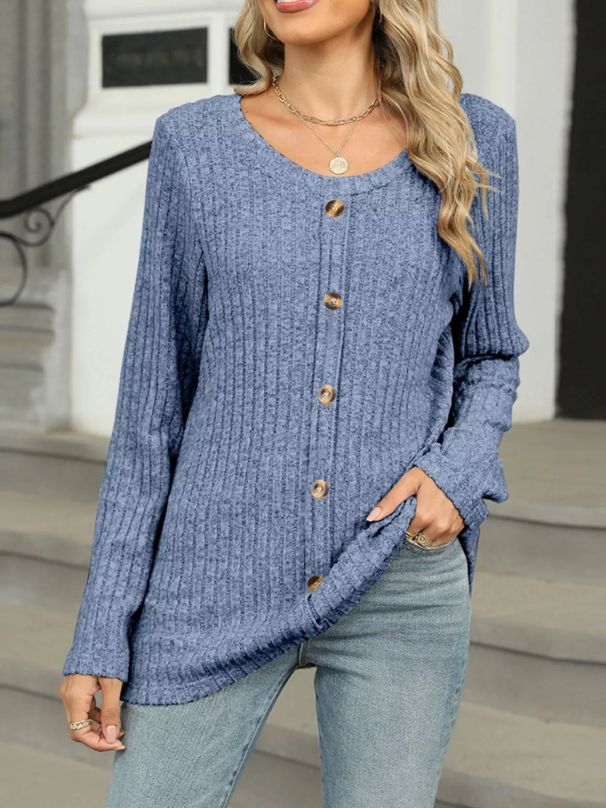 Ribbed Round Neck Long Sleeve Top