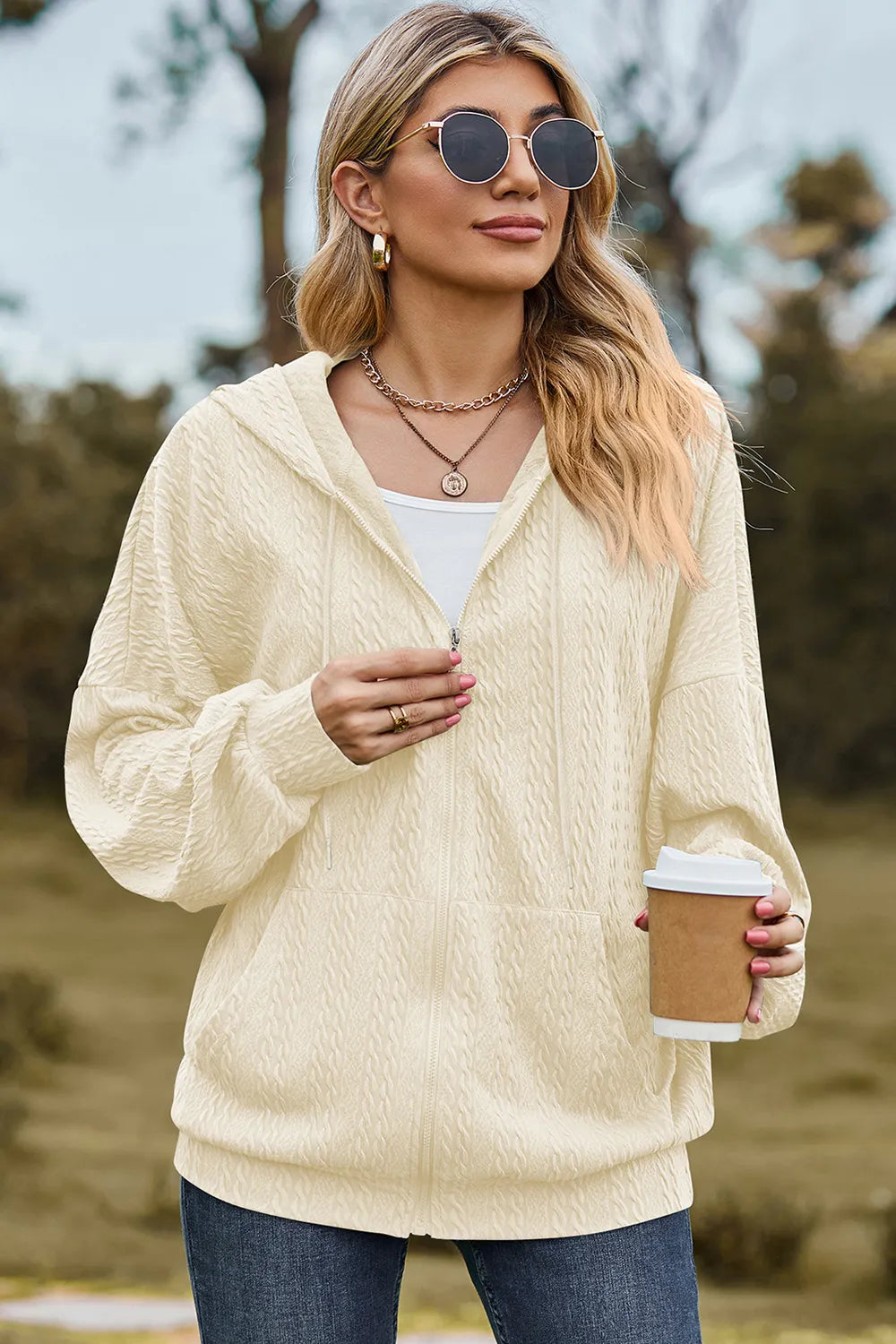 Drawstring Zip Up Dropped Shoulder Hoodie (30)