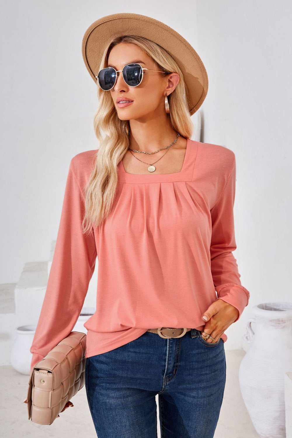 Square Neck Ruched Long Sleeve Blouse (7)