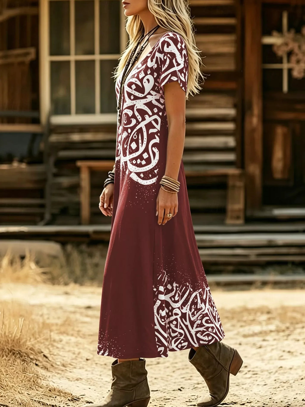 Printed Short Sleeve Midi Dress (6)
