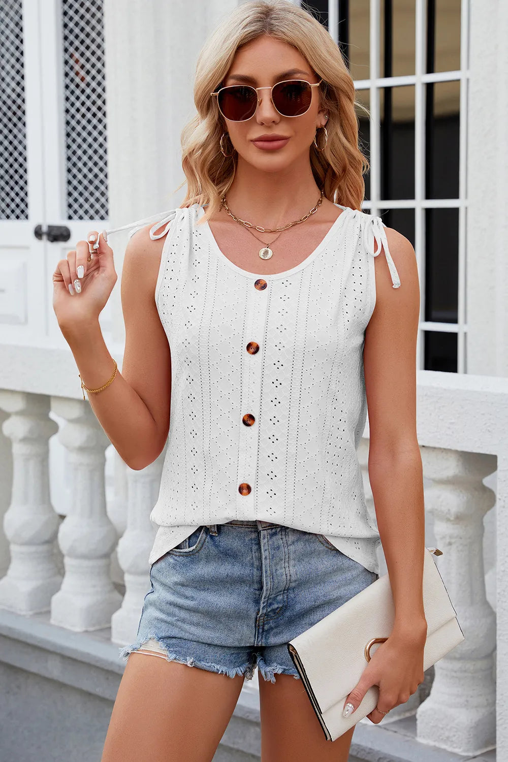 Eyelet Round Neck Wide Strap Tank (7)