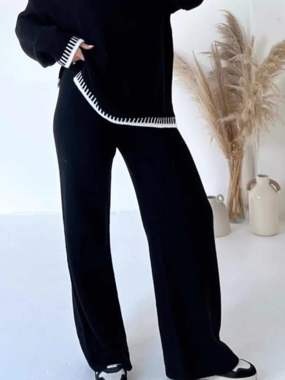 Contrast Trim Round Neck Top Pants Sweater Set (3)