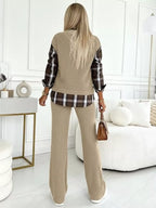 Ribbed Knit Plaid Sleeve Top Pants Set (19)
