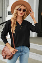 Decorative Button V-neck Long Sleeve T-shirt (14)