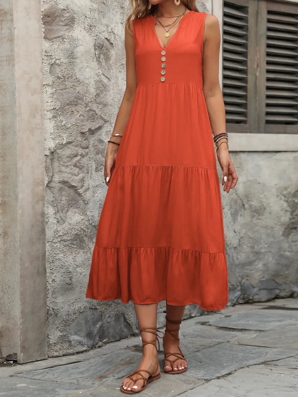 Decorative Button Notched Sleeveless Dress (3)