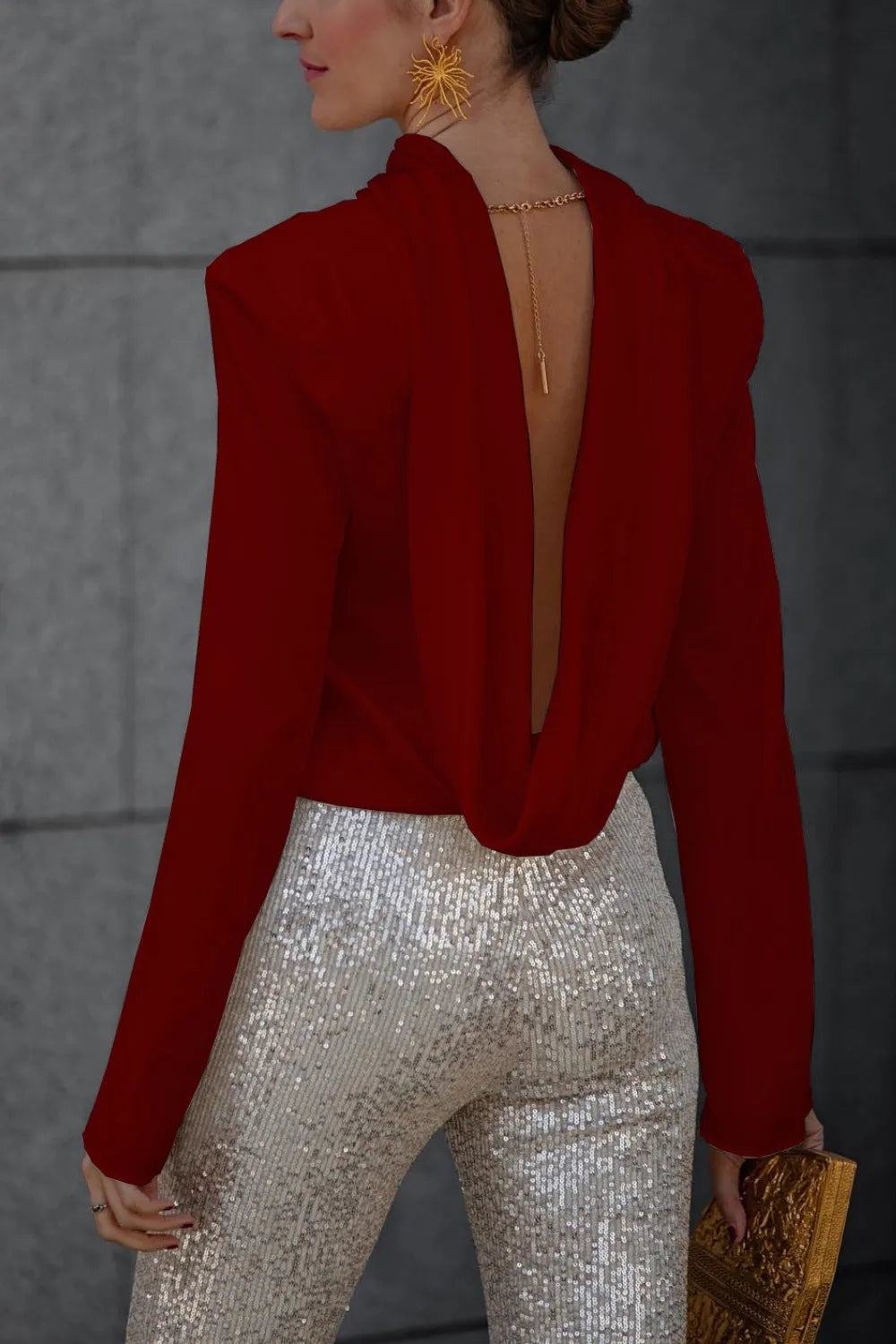 Backless Cowl Neck Long Sleeve Blouse (5)
