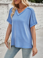 Cord Ribbed V-neck Short Sleeve T-shirt (12)