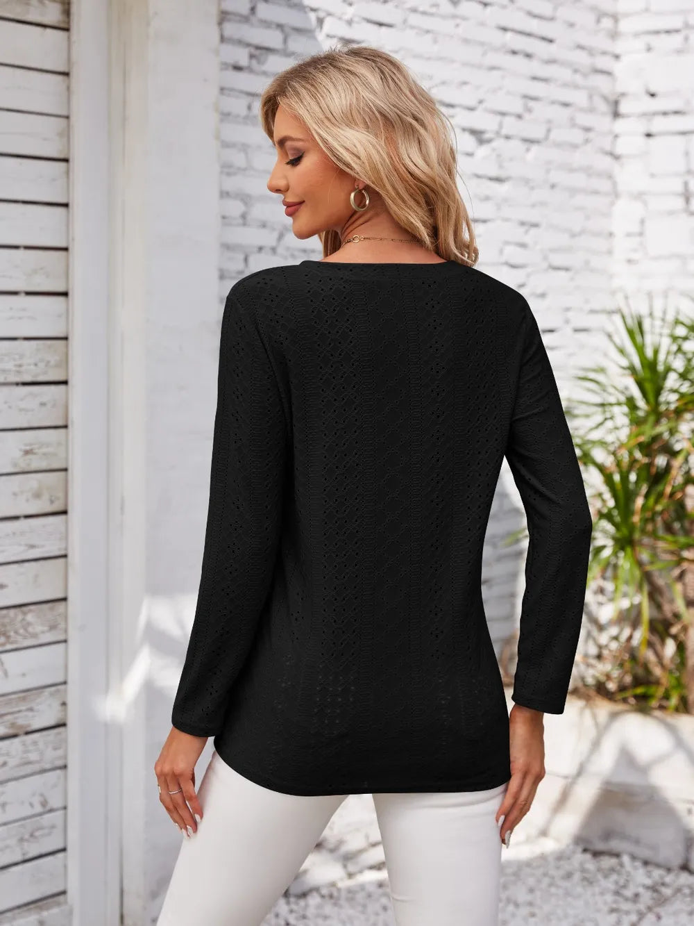 Decorative Button Openwork V-neck T-shirt (18)