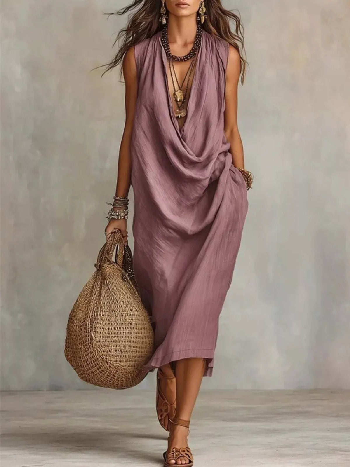 Full Size Cowl Neck Sleeveless Midi Dress Plus