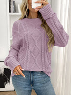 Cable Knit Round Neck Long Sleeve Sweater (4)