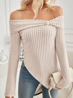 Off-shoulder Ribbed Knit T-shirt (2)