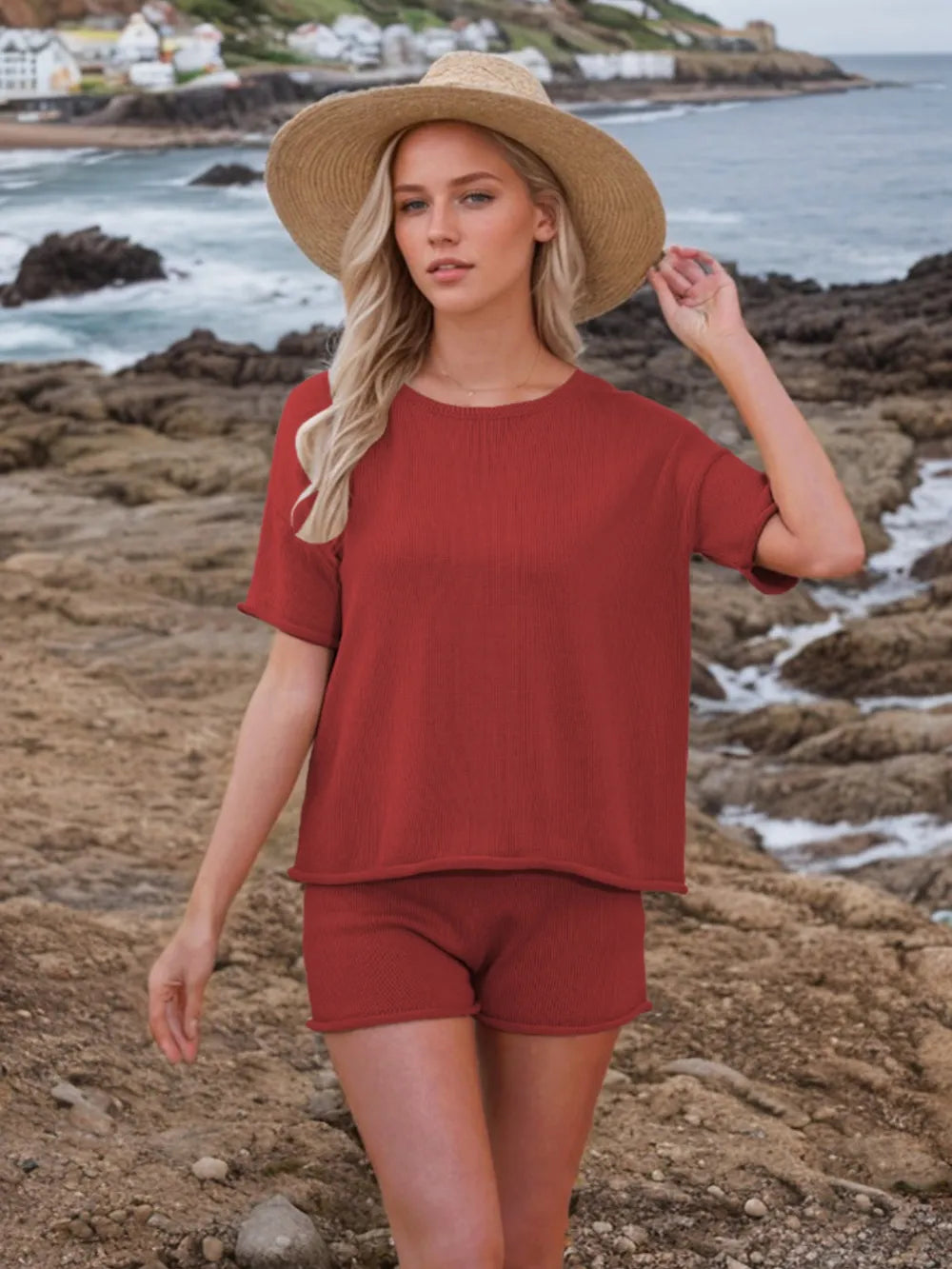 Round Neck Short Sleeve Top Shorts Sweater Set (9)