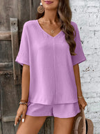 Relaxed Fit V-neck Top Shorts Two-piece Set (10)