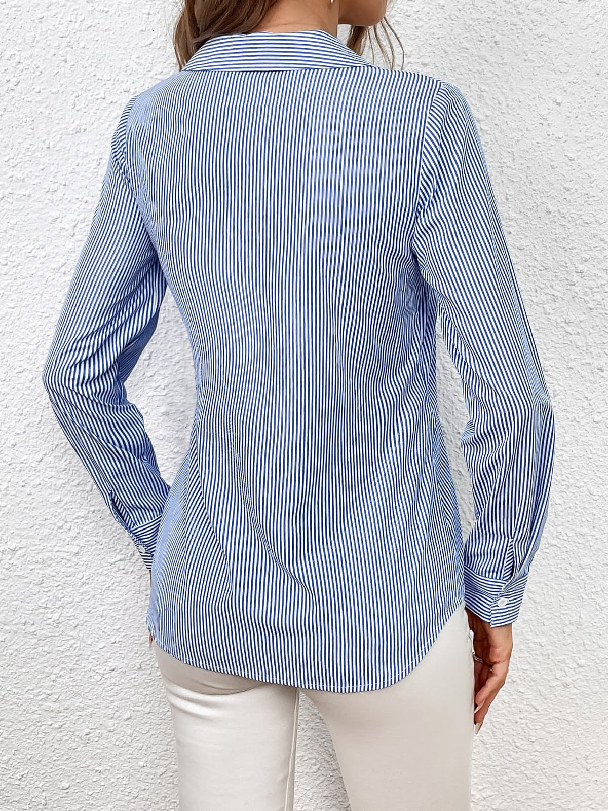 Bow Tie Waist Johnny Collar Neck Striped Blouse (10)