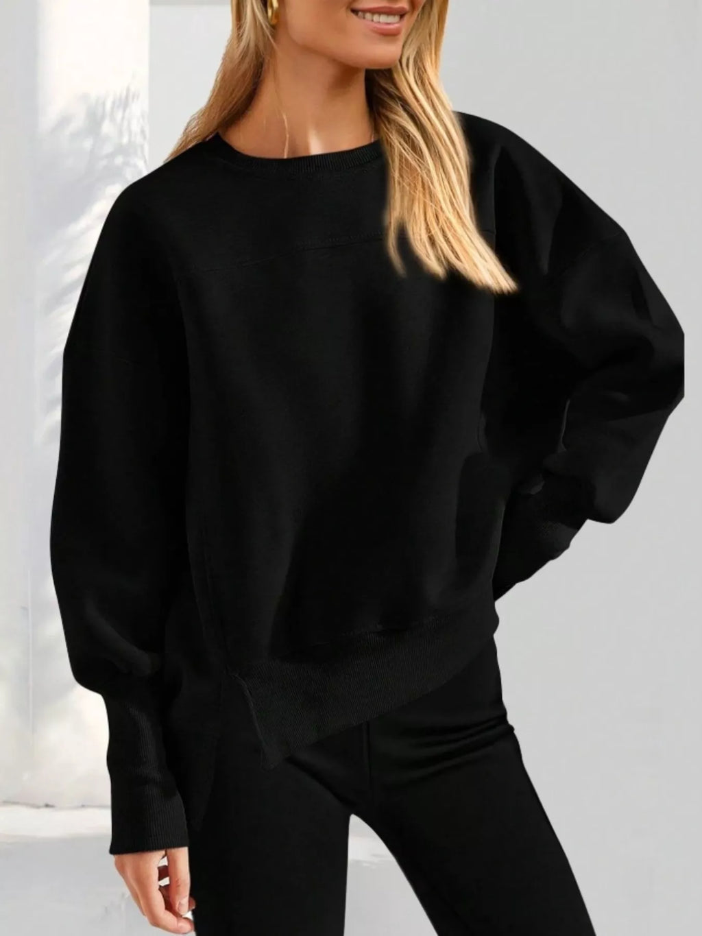 Slit Round Neck Dropped Shoulder Sweatshirt (29)