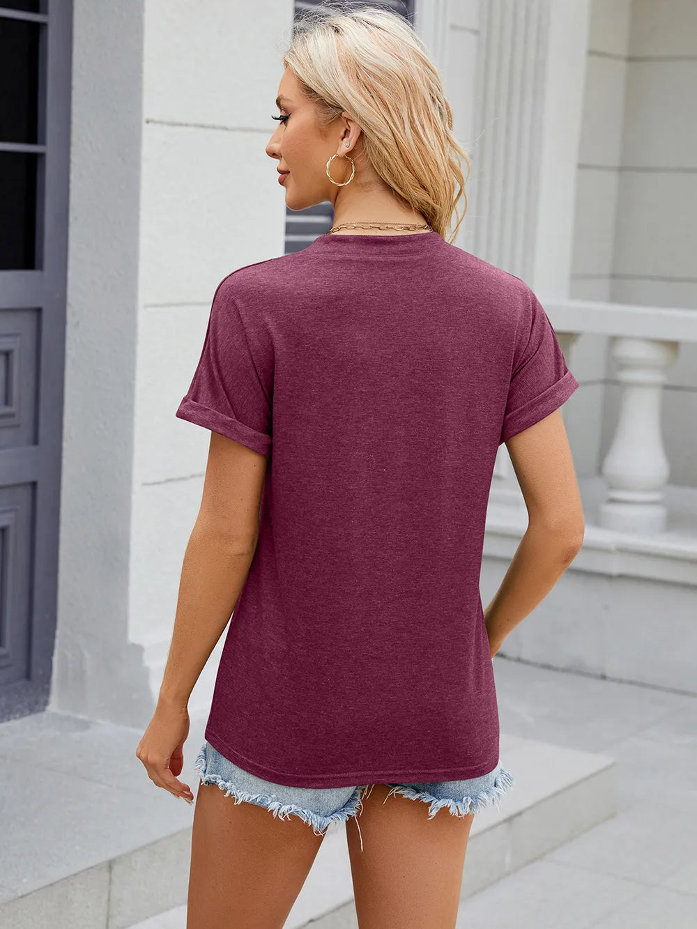 Decorative Button Notched Short Sleeve T-shirt (21)