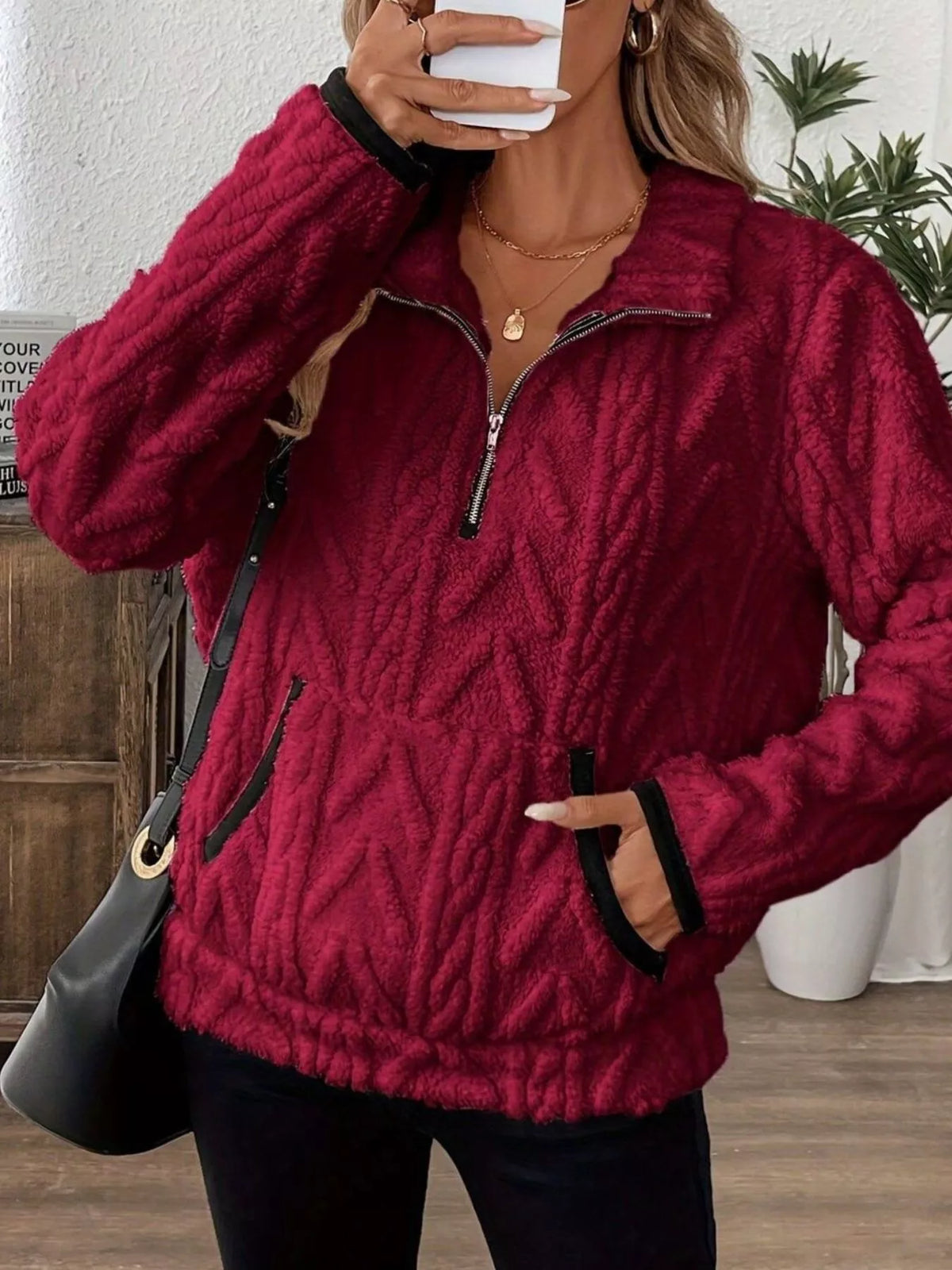 Full Size Half Zip Kangaroo Pocket Sweatshirt Plus (13)
