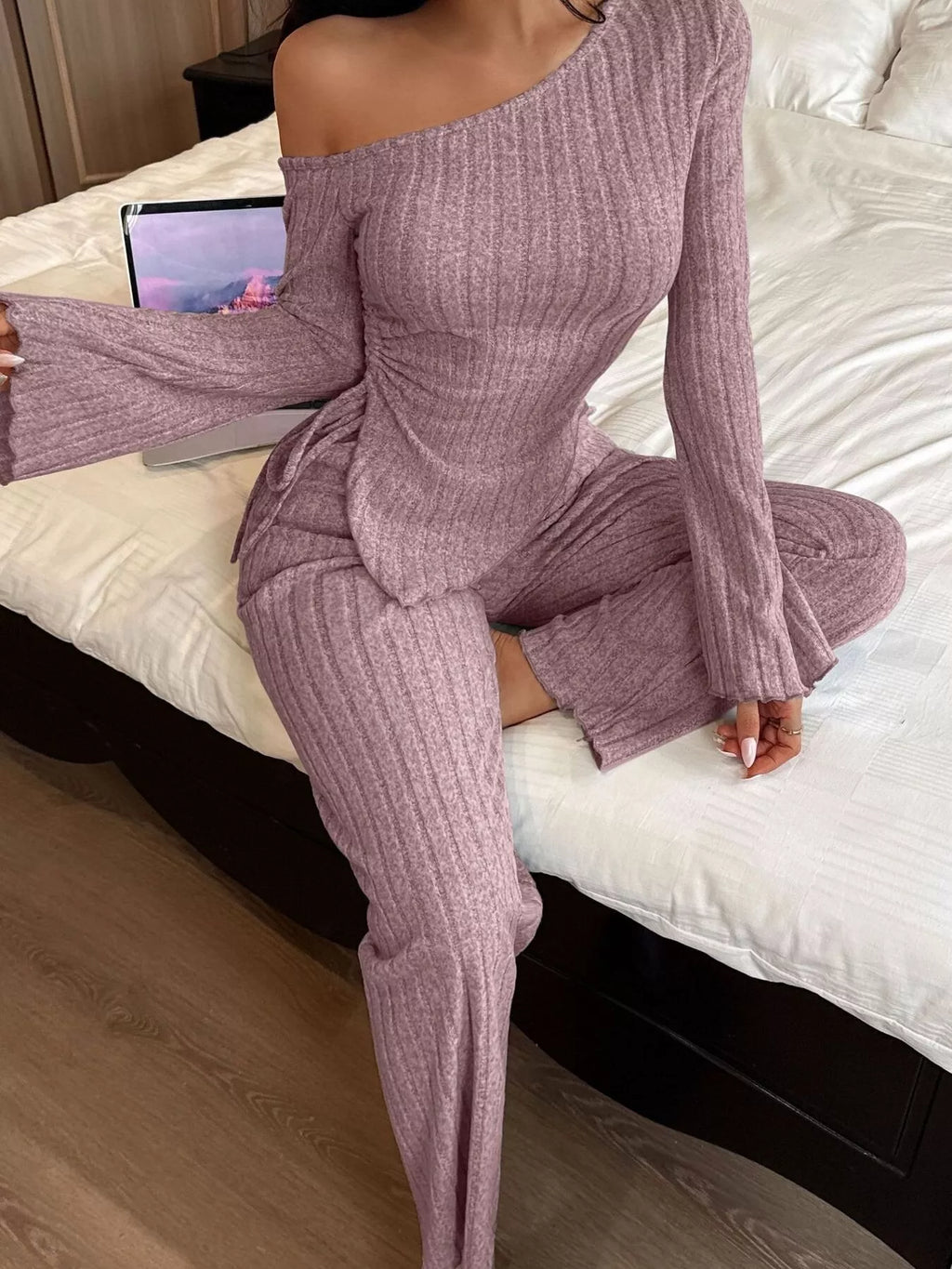 One-shoulder Ribbed Knit Top Pants Set (2)