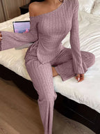 One-shoulder Ribbed Knit Top Pants Set (2)