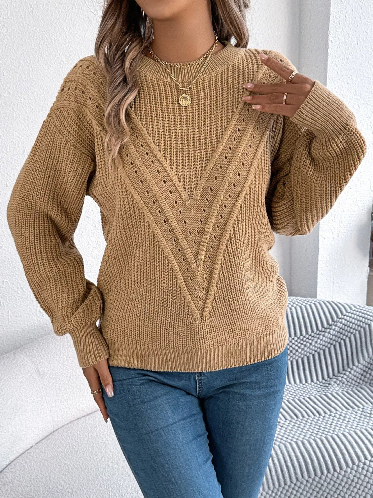 Openwork Round Neck Sweater (17)
