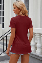 Eyelet Slit Round Neck Short Sleeve T-shirt (8)